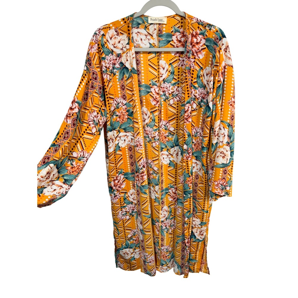Peach Love California Kimono Floral Geometric Women's Small Mustard Yellow Boho